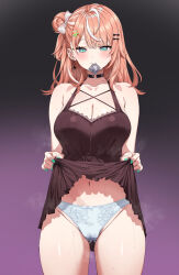 1girl aqua_eyes aqua_nails bare_shoulders blue_bow blue_panties blush bow bow_panties breasts choker cleavage closed_mouth clothes_lift collarbone commentary commission condom condom_wrapper covered_erect_nipples dress dress_lift ear_piercing earrings fingernails fuooooo grey_dress hair_bow hair_bun hair_intakes hair_ornament hairclip highres holding holding_condom igarashi_rika jewelry large_breasts lifting_own_clothes long_hair looking_at_viewer mole mole_on_breast mouth_hold multicolored_hair nail_polish navel nijisanji nijisanji_en o-ring o-ring_choker one_side_up orange_hair panties piercing pixiv_commission pussy_juice single_side_bun smile solo star_(symbol) star_hair_ornament stomach streaked_hair sweat thighs two-tone_hair underwear virtual_youtuber white_bow white_hair