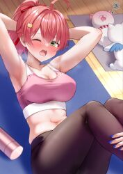 Rule 34 | 2girls, 35p (sakura miko), ahoge, armpits, arms behind head, arms up, bare arms, black pants, blue nails, blush, breasts, cleavage, commentary request, covered erect nipples, exercising, faubynet, green eyes, gym, hair between eyes, hair ornament, hairclip, heavy breathing, highres, hololive, hoshimachi suisei, indoors, large breasts, leg grab, midriff, multiple girls, nail polish, navel, one eye closed, open mouth, pants, pink hair, pink sports bra, ponytail, sakura miko, short hair, sit-up, sports bra, sweat, takoyaki (hoshimachi suisei), teeth, upper teeth only, virtual youtuber, wavy mouth, yoga mat, yoga pants