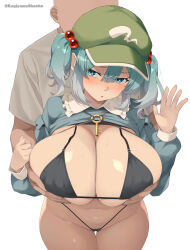 1boy 1girl bikini black_bikini blue_eyes blue_hair blue_shirt blush breasts cleavage clothes_lift grabbing_another&#039;s_breast grabbing_from_behind green_hat groping hair_bobbles hair_ornament hat head_tilt hetero highres huge_breasts kagiyama_shachou kawashiro_nitori key long_sleeves shirt shirt_lift simple_background solo_focus swimsuit thigh_gap touhou two_side_up white_background