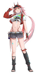 1girl absurdres amoemo asymmetrical_sleeves baseball_cap belt black_footwear black_hat black_shorts black_visor breasts commentary_request crop_top fishnet_top fishnets full_body green_eyes hat horned_hat highres honkai:_star_rail honkai_(series) horned_hat jacket long_hair midriff navel pink_hair ponytail rappa_(honkai:_star_rail) red_arm_warmers red_jacket shirt shorts simple_background smile solo standing tied_shirt uneven_sleeves very_long_hair white_background white_belt white_shirt wrist_belt