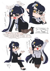 Rule 34 | &gt; &lt;, 1girl, all fours, arm up, bag, bespectacled, black-framed eyewear, black footwear, black jacket, black skirt, blue hair, blush, bow-shaped hair, brown pantyhose, callie (news anchor) (splatoon), callie (splatoon), clenched hand, closed eyes, commentary request, coula cat, crying, dropped object, fangs, film grain, flying sweatdrops, formal clothes, glasses, hair behind ear, highres, inkling, invisible chair, jacket, lanyard, long hair, long pointy ears, long sleeves, mole, mole under eye, multiple views, nintendo, office lady, official alternate costume, one eye closed, open mouth, pantyhose, paper, pencil skirt, pointy ears, shirt tucked in, shoulder bag, sitting, skirt, sparkle, splatoon (series), splatoon 3, suit, tentacle hair, thick eyebrows, translation request, twintails, watermark, waving