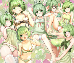 1girl :d :i adworse alternate_costume antennae arm_behind_head armpits barefoot bespectacled blush bra breast_suppress breasts brown-framed_eyewear brown_bra camisole cheek_poking closed_mouth commentary_request cowboy_shot dress expressionless full_body glasses green_bra green_camisole green_dress green_eyes green_hair green_panties highres looking_at_viewer midriff multiple_views navel one_eye_closed open_mouth panties poking red_ribbon rei_no_himo ribbon short_hair small_breasts smile strap_slip sundress thighhighs touhou underwear underwear_only white_panties white_thighhighs wriggle_nightbug