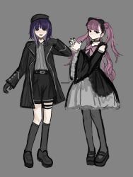 100cest alternate_costume black_bow black_jacket black_nails bow brother_and_sister fingernails full_body gothic_lolita grey_background hands_up highres jacket lolita_fashion long_hair matching_hair/eyes nail_polish pink_bow pink_eyes pink_hair purple_hair siblings standing the_hundred_line_-last_defense_academy- tsukumo_ima tsukumo_kako twins twintails