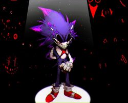 audience black_sclera blood blood_on_hands bloody_tears colored_sclera crying crying_with_eyes_open crystal gloves highres multiple_eyes open_mouth red_eyes scar scar_on_chest shadow sharp_teeth shefki smile sonic.exe sonic_(series) sonic_the_hedgehog tears teeth white_gloves x xenophanes_(sonic.exe)