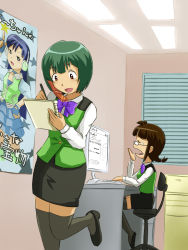 2girls akizuki_ritsuko black_legwear bow bowtie braid brown_eyes brown_hair cameo cellphone computer cosplay cradling_phone green_hair idolmaster idolmaster_(classic) kisaragi_chihaya leg_up long_hair maidon multiple_girls notebook office open_mouth otonashi_kotori otonashi_kotori_(cosplay) phone pop_sound_blossom poster_(medium) poster_(object) short_hair sitting talking_on_phone tareme thighhighs twin_braids writing yawning