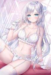 1girl bare_shoulders blue_eyes blush bow bra breasts bridal_gauntlets cleavage closed_mouth fingerless_gloves frilled_thigh_strap frills garter_belt garter_straps gloves grey_hair hair_bow hair_ornament highres kohinata_hoshimi lingerie long_hair looking_at_viewer medium_breasts navel original panties smile solo stomach thigh_strap thighhighs underwear very_long_hair white_bow white_bra white_bridal_gauntlets white_gloves white_hair white_panties white_thighhighs