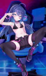 1girl absurdres bird-perch black_boots black_shorts black_thighhighs blue_hair blue_nails boots breasts chair commentary_request commission gaming_chair highres indie_virtual_youtuber large_variant_set long_hair mugen_mochi nail_polish navel pixiv_commission shorts sitting small_breasts solo spread_legs star_sticker swivel_chair thighhighs twintails variant_set very_long_hair virtual_youtuber