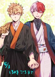 Rule 34 | 2boys, ahoge, aqua eyes, bakugou katsuki, bead bracelet, beads, black eyes, black hakama, blonde hair, boku no hero academia, bracelet, closed mouth, cowboy shot, hair between eyes, hakama, heterochromia, highres, holding hands, ikuhashi muiko, interlocked fingers, japanese clothes, jewelry, kimono, leaf print, light blush, looking at another, male focus, multicolored hair, multiple boys, open mouth, print background, red eyes, red hair, scar, scar across eye, scar on face, short hair, smile, spiked hair, todoroki shoto, twitter username, two-tone hair, white background, white hair, white kimono, yaoi