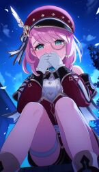 1girl boots bow brooch charlotte_(genshin_impact) cloud crying crying_with_eyes_open detached_sleeves ewaaawa genshin_impact gloves green_eyes hat hat_feather highres jewelry long_sleeves looking_at_viewer newsboy_cap night night_sky outdoors pink_hair red_hat short_hair sitting sky solo tears white_gloves