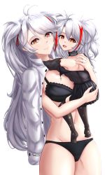 2girls absurdres age_difference artist_name azur_lane black_bra black_panties bra breasts brown_eyes carrying cleavage cowboy_shot cross highres iron_cross jacket jacket_on_shoulders large_breasts lingerie little_prinz_eugen_(azur_lane) looking_at_viewer mother_and_daughter multicolored_hair multiple_girls musanix panties prinz_eugen_(azur_lane) red_hair silver_hair simple_background streaked_hair thighhighs underwear white_background