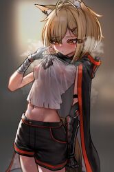 1girl animal_ear_fluff animal_ears arknights black_shorts blonde_hair blush breasts closed_mouth cowboy_shot crop_top dsr147g embarrassed fingerless_gloves gloves grey_shirt groin hair_ornament hairclip highres hot mechanical_arms medium_breasts midriff navel nipples nose_blush orange_eyes see-through_clothes see-through_shirt shirt short_hair short_shorts shorts single_fingerless_glove single_glove single_mechanical_arm solo standing steaming_body sweat torn_clothes torn_shirt vermeil_(arknights) white_gloves