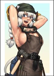 Rule 34 | 1girl, animal ears, apron, armpits, arms behind head, bandana, blacksmith, blue background, blue eyes, blue pants, blush, braid, braided ponytail, breasts, brown apron, brown horns, cleavage, commentary, cow girl, cow horns, cow tail, cowboy shot, english commentary, goggles, goggles around neck, gradient background, green bandana, hammer, highres, horns, large breasts, long hair, looking at viewer, nandi (puchirisu), open mouth, original, pants, puchirisu, smile, solo, tail, tools, white background, white hair