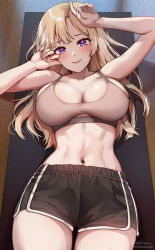 1girl abs arms_up blonde_hair blush bra breasts cleavage crop_top foxyreine gym_shorts highres indoors large_breasts looking_at_viewer lying muscular muscular_female navel on_back original purple_eyes shorts smile solo sports_bra sportswear tank_top underwear yoga_mat