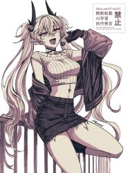 1girl alternate_costume body_markings breasts candy colored_extremities denim denim_skirt fate/grand_order fate_(series) food highres horns jacket lilith_(fate) lollipop long_hair looking_at_viewer medium_breasts midriff monochrome off_shoulder pointy_ears skirt smile solo stomach_tattoo striped_clothes tattoo twintails vertical-striped_clothes yuuzuki230