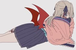 1girl belt blue_skirt brown_hair colored_inner_hair demon_wings from_side hair_ribbon hashtag-only_commentary highres jacket kamatama_rom leg_tattoo makaino_ririmu makaino_ririmu_(4th_costume) miniskirt multicolored_hair nijisanji pink_hair pink_jacket pleated_skirt ribbon school_uniform simple_background skirt solo streaked_hair tattoo two-tone_hair two_side_up virtual_youtuber white_background winged_heart_tattoo wings