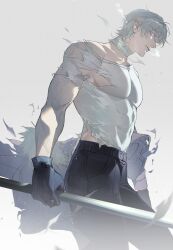 1boy absurdres axis_powers_hetalia bandaged_neck bandages breath cowboy_shot gloves grey_background highres holding jacket jacket_partially_removed large_pectorals llirensheng looking_at_viewer male_focus muscular muscular_male pants pectorals purple_eyes russia_(hetalia) shirt short_hair simple_background solo tight_clothes tight_shirt torn_clothes torn_shirt white_hair