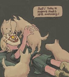 1boy 2025 26_zzzzzz animal anniversary belt blonde_hair boots dated dog english_text grey_background hat holding holding_animal link lying mask mask_of_truth nintendo on_back solo speech_bubble the_legend_of_zelda the_legend_of_zelda:_majora&#039;s_mask tunic