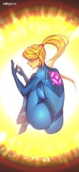 1girl absurdres artist_name ass blonde_hair blue_bodysuit bodysuit breasts danderfull from_behind high_ponytail highres large_breasts long_hair metroid metroid_dread nintendo ponytail samus_aran solo zero_suit