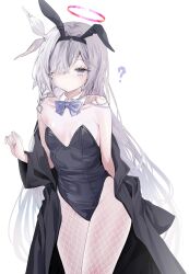 1girl ? absurdres alternate_costume animal_ear_hairband animal_ears bare_shoulders black_hairband black_jacket black_leotard blue_archive bow bowtie braid breasts breasts_apart closed_mouth collar collarbone commentary detached_collar fake_animal_ears fishnet_pantyhose fishnets grey_bow grey_bowtie grey_eyes grey_hair hair_over_one_eye hairband halo highres jacket laseri leotard long_hair looking_at_viewer off_shoulder pantyhose plana_(blue_archive) playboy_bunny rabbit_ears red_halo simple_background small_breasts solo strapless strapless_leotard very_long_hair white_background white_collar