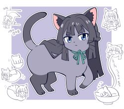 1girl animal animal_ear_fluff animal_focus animalization black_fur black_hair blue_background blue_eyes border bowl cat closed_mouth commentary_request eating full_body green_ribbon half_updo idolmaster idolmaster_million_live! kemonomimi_mode korean_commentary long_hair looking_at_viewer millcookie_pro mogami_shizuka multiple_views neck_ribbon outline ribbon simple_background sleeping whiskers white_border white_outline