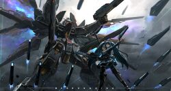 absurdres armored_boots artist_name beam_rifle belt blue_eyes blue_hair boots breasts drone energy_gun gun gundam gundam_seed hair_ribbon highres hikari_(starward) holding holding_gun holding_weapon jacket long_hair long_sleeves mecha mechanical_wings medium_breasts mobile_suit outstretched_arm pleated_skirt ribbon rifle robot school_uniform science_fiction shirt shorts shorts_under_skirt signature skirt smile starward strike_freedom_gundam sword thighhighs twintails v-fin very_long_hair weapon wenrq white_shirt wings