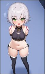 1girl absurdres bandaged_arm bandages bare_shoulders black_panties black_thighhighs black_vest blush boots breasts cameltoe covered_erect_nipples cropped_vest facial_scar fate/apocrypha fate/grand_order fate_(series) green_eyes grimgrim hair_between_eyes highres jack_the_ripper_(fate/apocrypha) looking_at_viewer navel open_mouth panties scar scar_across_eye scar_on_cheek scar_on_face short_hair shoulder_tattoo small_breasts smile solo stomach tattoo thigh_boots thighhighs thighs underwear vest white_hair
