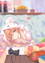 1girl animal_ears artist_request blanket bowl breasts cat chips_(food) cleavage drooling food fruit fruit_bowl game_console heart looking_at_viewer open_mouth orange_(fruit) orange_hair pillow playstation_2 snack source_request tagme