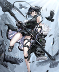 1girl absurdres ahoge arknights bare_shoulders bird black_eyes black_gloves black_hair black_shoes black_shorts breasts building commentary crow expressionless feather_hair fingerless_gloves foot_out_of_frame gloves hair_ornament hairclip highres holding holding_scythe holding_weapon la_pluma_(arknights) long_sleeves looking_at_viewer matcha-matcha open_clothes outdoors sandals scythe shoes shorts signature sleeveless solo thigh_strap weapon