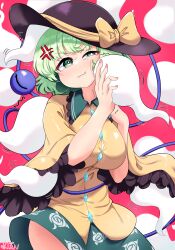 1girl anger_vein black_hat bow breasts closed_eyes collar floral_print frilled_collar frilled_sleeves frills ghost green_eyes green_hair green_skirt hat hat_bow highres koishi_day komeiji_koishi large_breasts pink_nails rion_(user_ufvg8527) rose_print shirt skirt solo third_eye touhou wide_sleeves yellow_bow yellow_shirt