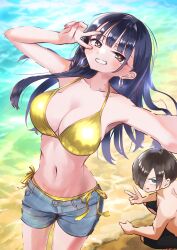 1boy 1girl absurdres alternate_costume beach bikini bikini_under_shorts black_hair blue_eyes blush boku_no_kokoro_no_yabai_yatsu breasts brown_eyes cleavage collarbone commentary_request day denim denim_shorts earrings gold_bikini grin hair_over_one_eye hands_up highres hoop_earrings ichikawa_kyoutarou jewelry large_breasts long_hair m2bou male_swimwear mole mole_on_neck multiple_moles navel outdoors paid_reward_available ringed_eyes sand selfie shirt shore short_hair short_shorts shorts side-tie_bikini_bottom smile squatting standing string_bikini swimsuit v v_over_eye variant_set water yamada_anna