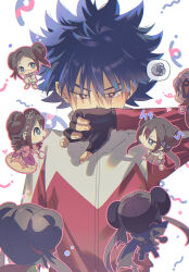 1boy 1girl black_hair blush bright_pupils brown_eyes chibi commentary_request fingerless_gloves gloves hair_between_eyes hand_up heart highres hugh_(pokemon) jacket kkodle2 long_sleeves looking_at_another nintendo pokemon pokemon_bw2 pokestar_studios red_jacket rosa_(pokemon) short_hair simple_background spiked_hair spoken_squiggle squiggle white_background