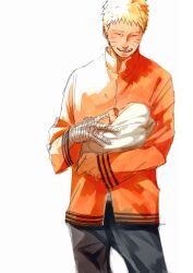 1boy 1other 2boys baby bandaged_arm bandages black_pants blonde_hair boruto:_naruto_next_generations carrying carrying_baby carrying_person closed_eyes father_and_son jacket male_focus multiple_boys naruto_(series) ninja open_mouth orange_jacket pants short_hair simple_background smile solo spiked_hair uzumaki_boruto uzumaki_naruto white_background zifletts