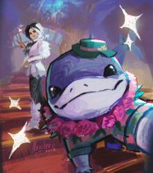 1boy 1girl artist_name black_hair blue_shirt commentary dated english_commentary flower_wreath hat highres jeff_(marvel) jeff_the_land_shark_(sunshine_land_shark) looking_at_viewer luna_snow luna_snow_(nolaehaneun_manyeo) marvel marvel_rivals multicolored_hair neo_jpeg official_alternate_costume selfie shark shirt signature smile sparkle star_(symbol) sun_hat v white_hair