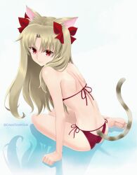 1girl animal_ears animated animated_gif bikini blonde_hair butt_crack cat_ears cat_girl cat_tail clothing_cutout commentary_request ereshkigal_(fate) fate/grand_order fate_(series) full_body highres kemonomimi_mode looping_animation one_eye_closed red_bikini red_eyes shirotsumekusa side-tie_bikini_bottom sitting solo swimsuit tail tail_through_clothes two_side_up yokozuwari