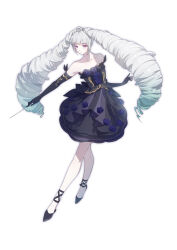 1girl absurdres amou_june ankle_ribbon aqua_hair bare_legs bare_shoulders black_dress black_gloves black_ribbon black_shoes closed_mouth collarbone colored_tips commentary_request conductor_baton dot_nose dress dress_flower elbow_gloves eyelashes flower frilled_dress frills full_body gloves grey_hair hair_flower hair_ornament highres holding_baton idol knees leg_ribbon long_hair looking_at_viewer morgue_(southsakura) multicolored_hair pink_eyes pretty_rhythm pretty_rhythm_rainbow_live pretty_series purple_flower purple_rose ribbon rose shoes short_dress simple_background smile solo standing strapless strapless_dress two-tone_hair very_long_hair white_background white_flower white_rose