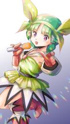 1girl artist_name belt black_belt boots bow bow_hairband commentary dress feet_out_of_frame flat_chest gloves green_bow green_dress green_hair green_hairband hairband hand_up holding holding_microphone idol idol_clothes looking_at_viewer microphone miz_mus open_mouth ousei_riro pointing pointing_at_viewer purple_eyes red_boots red_gloves short_dress short_hair skirt smile solo standing standing_on_one_leg twitter_username white_skirt wingman