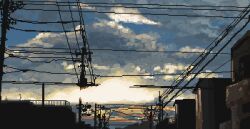 atmospheric_perspective blue_sky highres hisachan55cute mountainous_horizon no_humans original pixel_art power_lines railing scenery silhouette simple_background sky sunrise town utility_pole