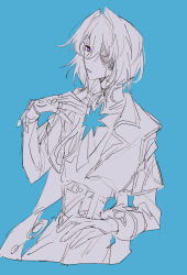 1boy anaxa_(honkai:_star_rail) blue_background blue_eyes capelet commentary_request corset cropped_legs expressionless eyepatch greyscale_with_colored_background hair_intakes hair_over_shoulder hand_up highres hole_in_chest hole_on_body honkai:_star_rail honkai_(series) jewelry long_hair looking_at_viewer low_side_ponytail male_focus multicolored_eyes multiple_rings narrow_waist one_eye_covered parted_lips purple_eyes ring ring_hair_ornament shirt_tucked_in sideways_glance simple_background sketch solo sousaku_rousoku star_(symbol) two-tone_eyes
