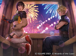 1boy 1girl aerial_fireworks armor black_hair cloud_strife commentary copyright_notice crop_top crossed_arms ferris_wheel_interior final_fantasy final_fantasy_vii final_fantasy_vii_remake fireworks forehead_protector fuji_q looking_at_another magic:_the_gathering official_art short_shorts shorts shoulder_armor sitting sleeveless sleeveless_turtleneck turtleneck variant_set yuffie_kisaragi