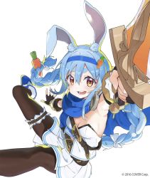 2016 adapted_costume alternate_costume animal_ears belt bracelet breasts buckle cape carrot_hair_ornament dated eyebrows fingerless_gloves floating food-themed_hair_ornament gloves hair_ornament headphones highres holding holding_weapon hololive jewelry medieval muteki_soda orange_eyes pantyhose rabbit_ears ribbon shoes skirt small_breasts smile sword twintails usada_pekora virtual_youtuber weapon white_background