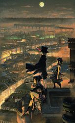 Rule 34 | 3girls, ange (princess principal), black cape, black footwear, black hair, black headwear, black pants, black shirt, boots, cape, city lights, cityscape, commentary request, dorothy (princess principal), flower, from side, full moon, hair flower, hair ornament, high heel boots, high heels, holding, katana, knee boots, long sleeves, looking away, moon, multiple girls, night, night sky, outdoors, pants, princess principal, profile, puffy pants, red flower, sheath, sheathed, shirt, sky, sleeveless, sleeveless shirt, spyglass, sword, topless female, toudou chise, wasabi60, weapon