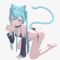 1girl :o absurdres all_fours alternate_costume animal_ear_fluff animal_ears aqua_eyes aqua_hair aqua_nails arm_tattoo arm_warmers belt_collar bikini black_arm_warmers black_bikini black_collar blush breasts cat_ears cat_girl cat_tail collar collarbone commentary crossed_bangs double-parted_bangs fang full_body funakinuta hair_between_eyes hair_intakes halterneck hand_up hatsune_miku highres kemonomimi_mode long_hair looking_at_viewer micro_bikini nail_polish number_tattoo open_mouth side-tie_bikini_bottom sidelocks simple_background skin_fang small_breasts soles solo string_bikini swimsuit tail tattoo twintails very_long_hair vocaloid white_background