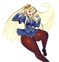 1girl blonde_hair dress eduedude gloves ingrid_(capcom) long_hair pantyhose red_eyes shoes smile street_fighter thick_thighs thighs