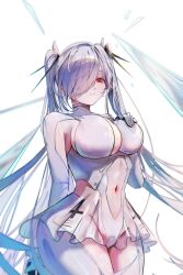 1girl blush breasts cinderella_(nikke) closed_mouth dress goddess_of_victory:_nikke hair_over_one_eye hand_on_own_chest highres large_breasts long_hair looking_at_viewer midriff navel red_eyes revealing_clothes see-through_clothes see-through_skirt sidelocks skirt solo thighhighs thighs twintails very_long_hair white_dress white_thighhighs yujeuuz