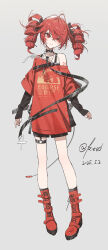 1girl absurdres belt boots drill_hair full_body hair_ribbon highres kasane_teto kieed lace-up_boots layered_sleeves long_shirt long_sleeves red_boots red_eyes red_hair red_shirt revision ribbon shirt sleeves_past_wrists smile solo standing thigh_belt thigh_strap twin_drills utau