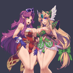 2girls angela_(seiken_densetsu_3) blonde_hair breast_slip breasts cameltoe clothes_lift dress highleg highleg_leotard highres huge_areola huge_areolae huge_breasts wide_hips huge_nipples thick_thighs large_breasts leotard looking_at_viewer multiple_girls nipple_slip nipples puffy_nipples purple_hair revealing_clothing riesz seiken_densetsu seiken_densetsu_3 skirt skirt_lift tagme thick_thighs thighs seiken_densetsu_3 wide_hips