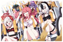 &gt;_&lt; 5girls :d ahoge alternate_costume aru_(blue_archive) bikini black_bikini black_hair black_nails blue_archive blush breasts cat closed_eyes dog flower frills grey_halo hair_bun hair_flower hair_ornament halo hand_up haruka_(blue_archive) highres holding horns hoshino_(blue_archive) ideolo kayoko_(blue_archive) large_breasts long_hair multicolored_hair multiple_girls mutsu_(kancolle) navel open_mouth orange_halo pink_hair pink_halo ponytail purple_hair purple_halo red_bikini red_eyes red_hair red_halo robot roller_coaster single_hair_bun smile swimsuit thigh_strap white_bikini white_hair x_x xd