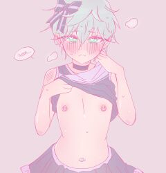 1boy alien_stage black_bow black_choker black_skirt blush bow cheerleader choker closed_mouth clothes_lift crossdressing ear_piercing earrings flat_chest green_eyes green_hair hair_bow jewelry looking_at_viewer male_focus navel_piercing nipple_piercing piercing rinrin_(wuvpyon) shirt shirt_lift short_hair simple_background skirt sleeveless sleeveless_shirt solo speech_bubble steam straight-on till_(alien_stage)