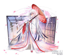 1girl 2020 :d animal_print artist_name bell bird_print black_hair blunt_ends braid breasts commentary_request copyright_name falling_petals floral_print flower fruits_fulcute! full_body gradient_hair hair_between_eyes hair_ornament holding holding_weapon japanese_clothes kanzashi kimono long_hair long_sleeves looking_at_viewer multicolored_hair obi official_art oil-paper_umbrella okobo open_mouth peach_blossom peach_of_immortality_(fruits_fulcute!) petals platform_sandals print_kimono red_eyes red_sash sandals sash shiromuku sidelocks simple_background smile solo sparkle tabi tassel tsunokakushi uchikake umbrella very_long_hair weapon white_background white_hair white_kimono window yuasa_akira