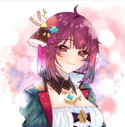 Rule 34 | 1girl, ahoge, atelier (series), atelier sophie, atelier sophie 2, backpack, bag, blue background, breasts, brown collar, cleavage, closed mouth, collar, collarbone, detached collar, dot nose, dress, fantasy, flower, frills, from side, gem, green jacket, hair flower, hair ornament, happy, head tilt, highres, jacket, jewelry, large pectorals, leather, light smile, looking at viewer, necklace, open clothes, open jacket, pectorals, petals, red background, red eyes, red hair, rose, ryuuno6, short hair, smile, solo, sophie neuenmuller, stitching, upper body, watercolor background, watercolor effect, wavy hair, whale, white background